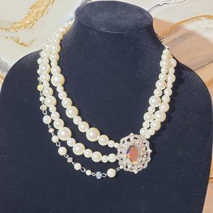CG Designs 3 Strands of Simulated Pearls & Ornate Rhinestone Brooch Necklace